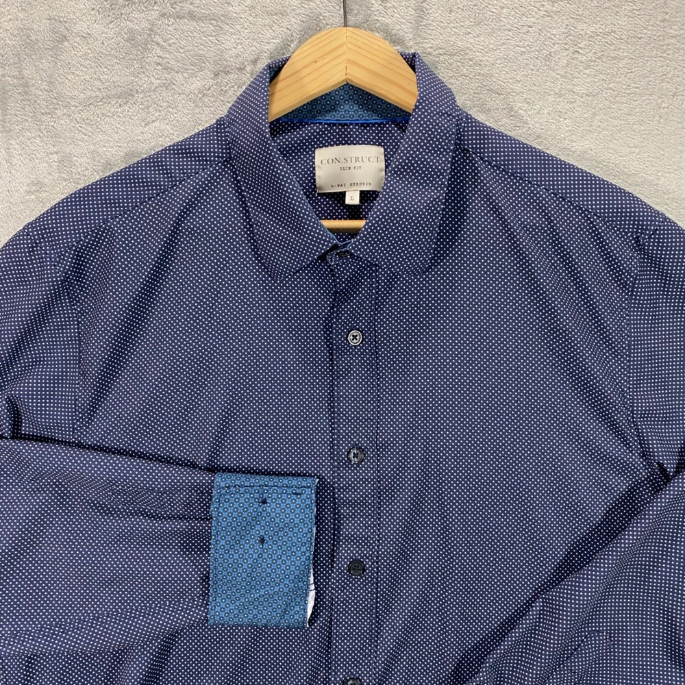 CON.STRUCT Button Down Shirt Mens L Navy Blue 4-Way Stretch Slim Fit‎ Office